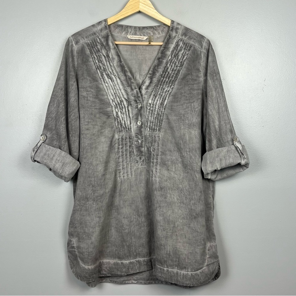 Soft Surroundings gray wash pintuck roll tab sleeve popover tunic top, medium.